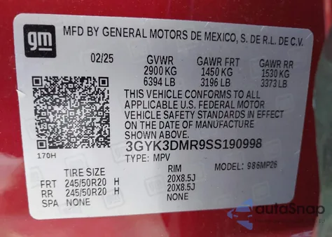 2025 Cadillac Optiq Luxury 2 Awd z USA, uszkodzony, nr VIN 3GYK3DMR9SS190998